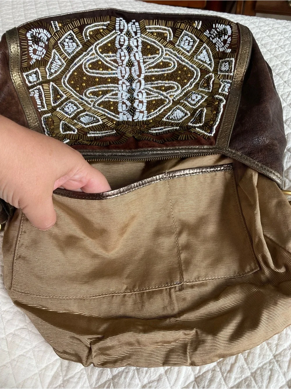 Isabella Fiore VTG Beaded Leather Hobo Shoulder Bag Brown Boho Metallic Art Deco